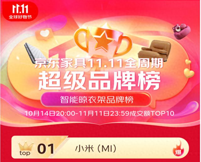 米家智能晾衣机双11京东成交额TOP1K8凯发6大单品上榜 包揽金榜前三(图2)